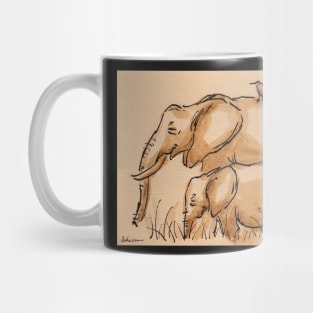 Family of Three:  Baby Elephant, Mama & Birdie Watercolor Painting #22 Mug